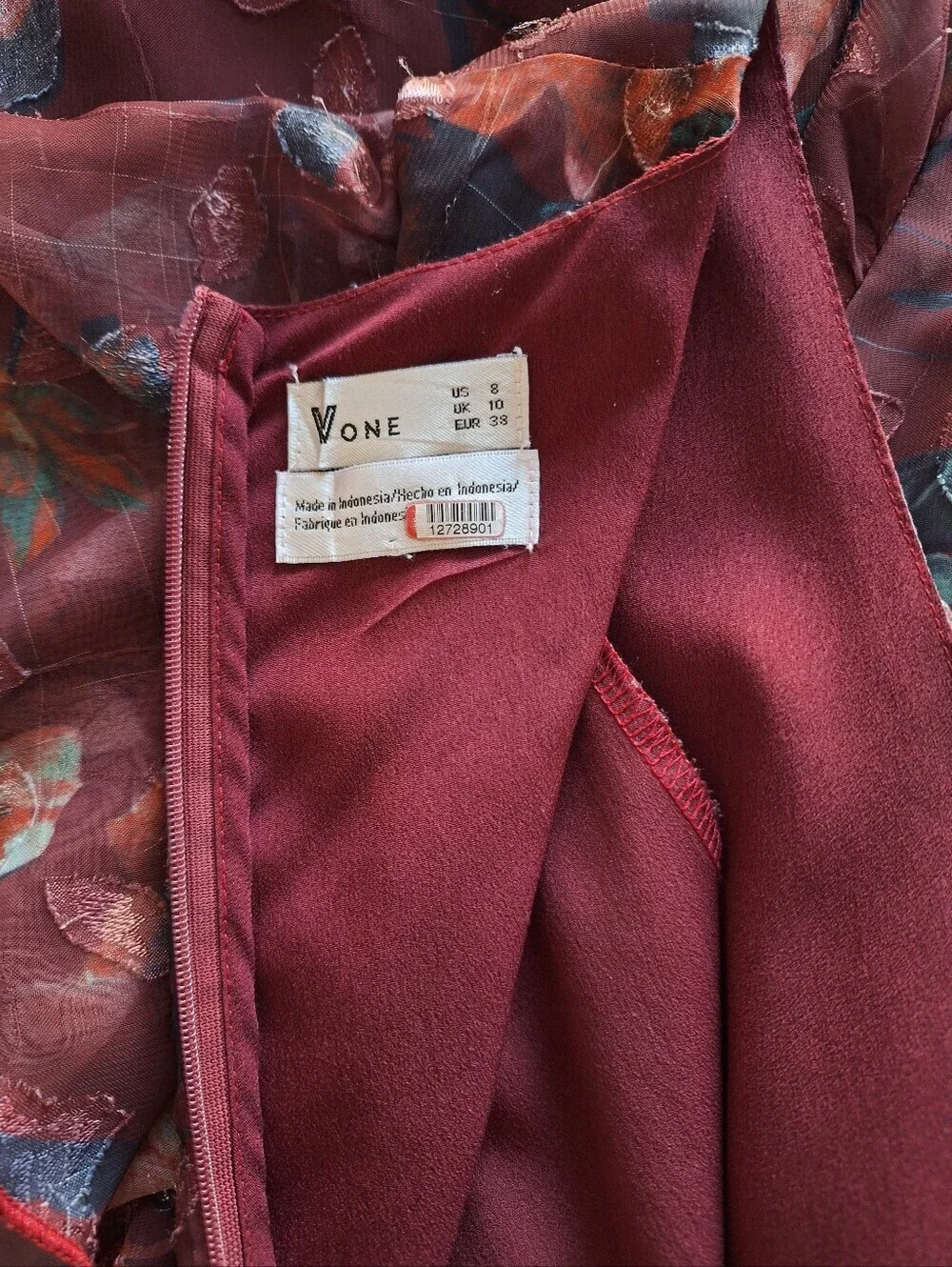 Vone Mireya Floral Ruffle Faux Wrap Midi Dress Burgundy Gold Shimmer US 8